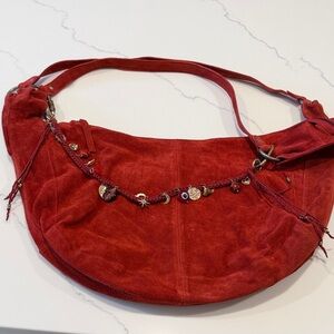 NWOT Free People Red Suede Hobo Bag with Bag Charm